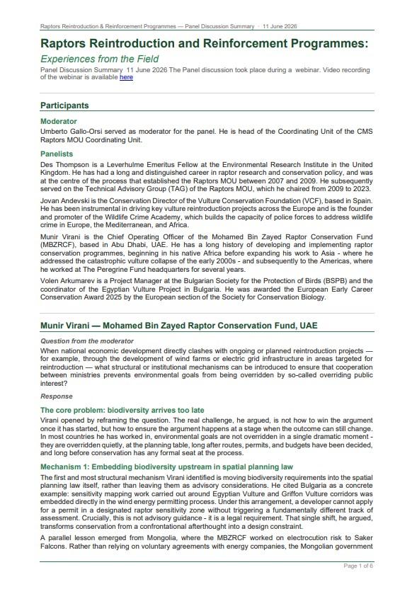 Raptors Reintroduction and Reinforcement Programmes